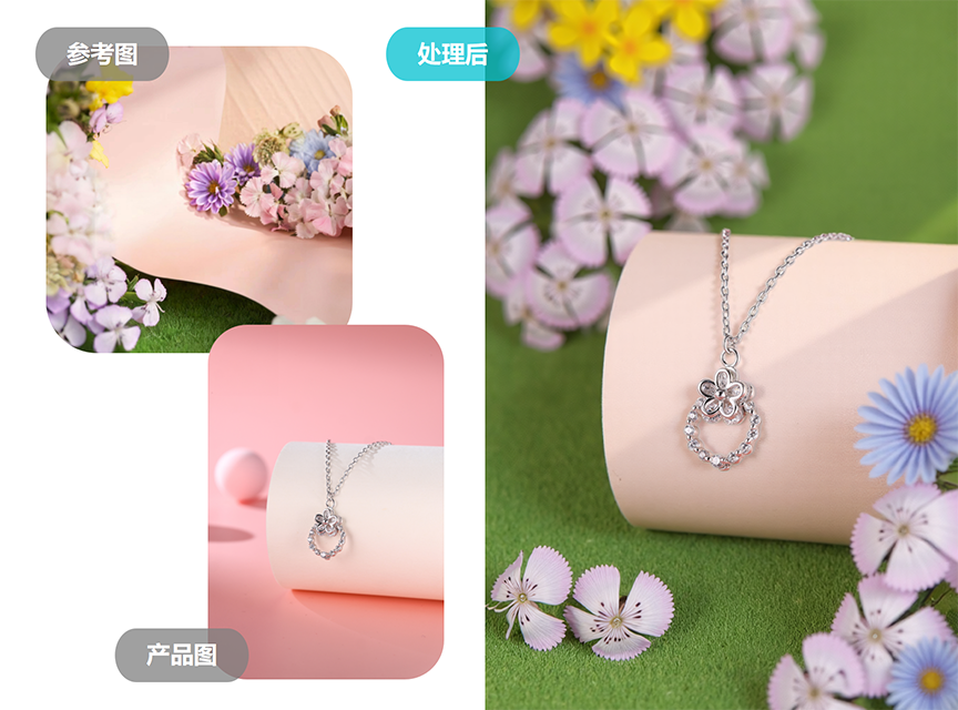 AI珠宝场景合成案例，金银首饰实景场景效果图，珠宝电商场景主图制作