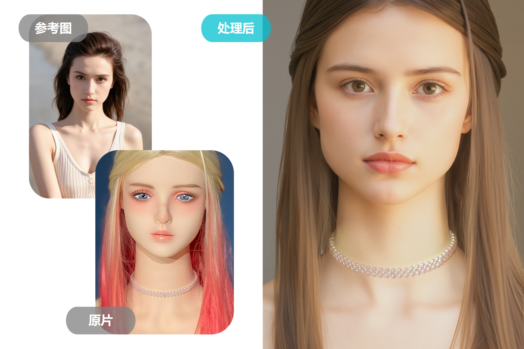 AI 假人模特转换真人效果图，外籍女模特钻石项链佩戴图，珠宝 AI 模特换装生成工具