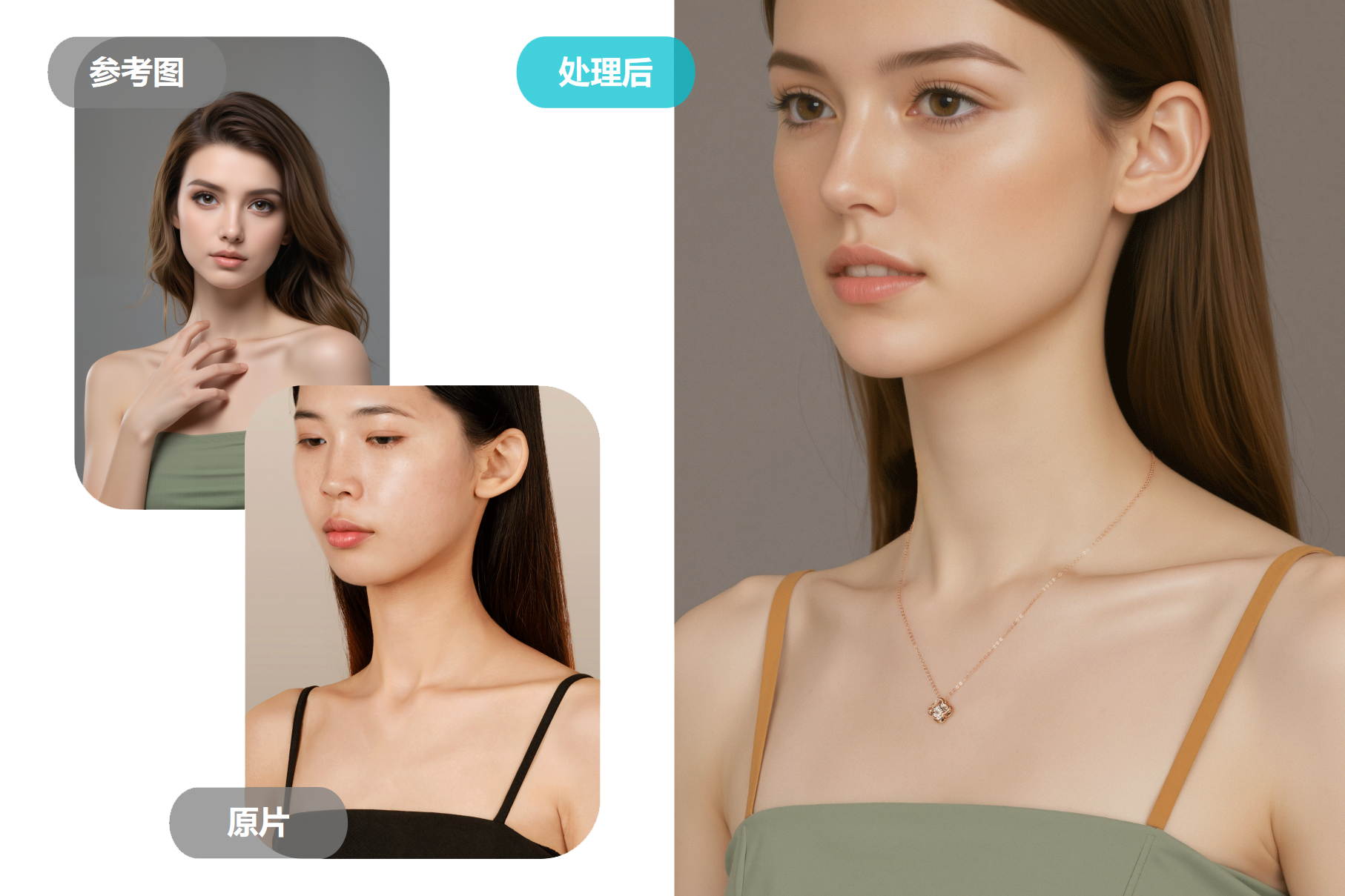 AI 欧美肤色珠宝模特生成案例，白人女模特锁骨项链佩戴图，跨境独立站首饰素材