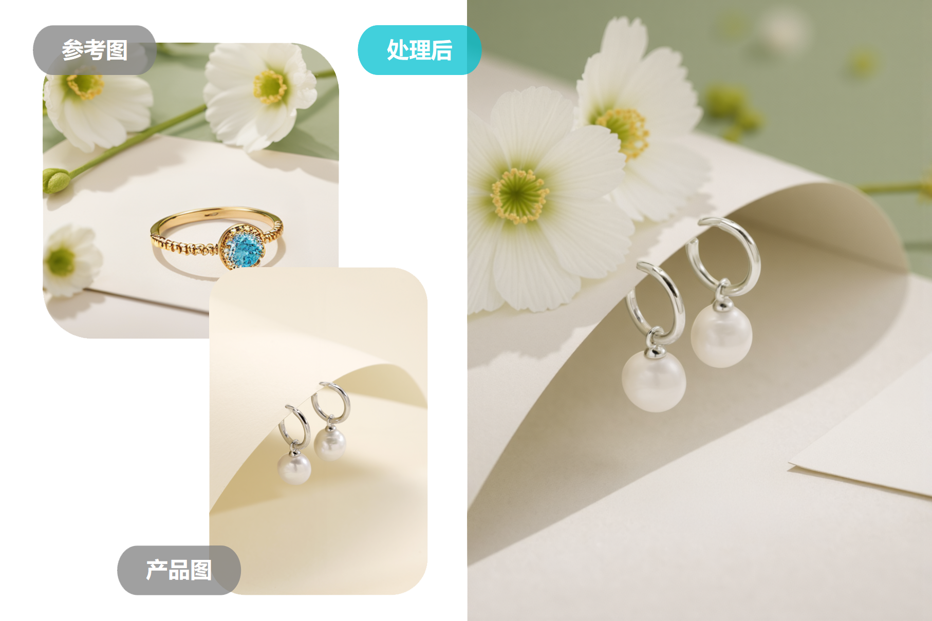 AI场景互相替换案例，金银戒指耳环更换花卉背景，珠宝饰品场景图快速迭代